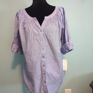 Harve Benard Blue Button-Up Ruched Yoke Blouse